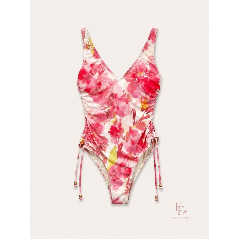 Shade & Shore Pink Floral Ruched V-Neck One Piece Swimsuit Size Small 4-6 - Picture 2 of 13
